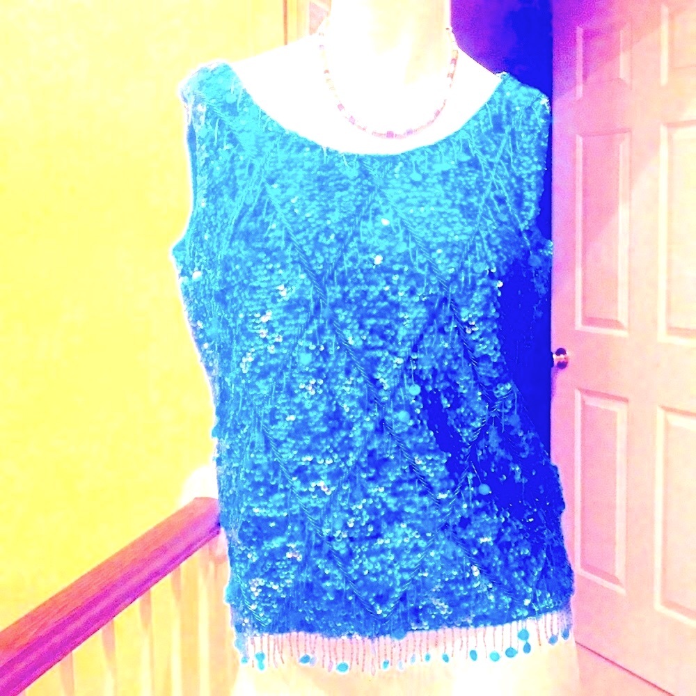 NWT Blue beaded sequin sleeveless top Lined Sparkly fringe party evening Vintage